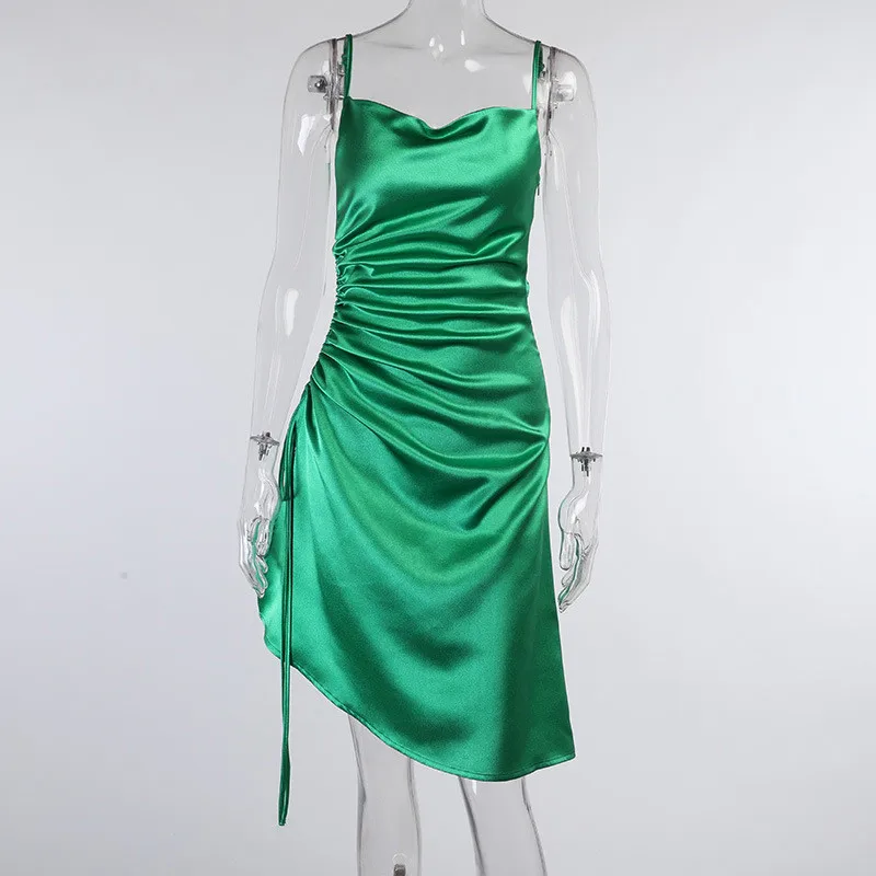 

Autumn Winter Fashion Slash Neck Sexy Club Sling Satin Tie Up Sleeveless High Waist Solid Slim Midi Bodycon Female Dress Vestido