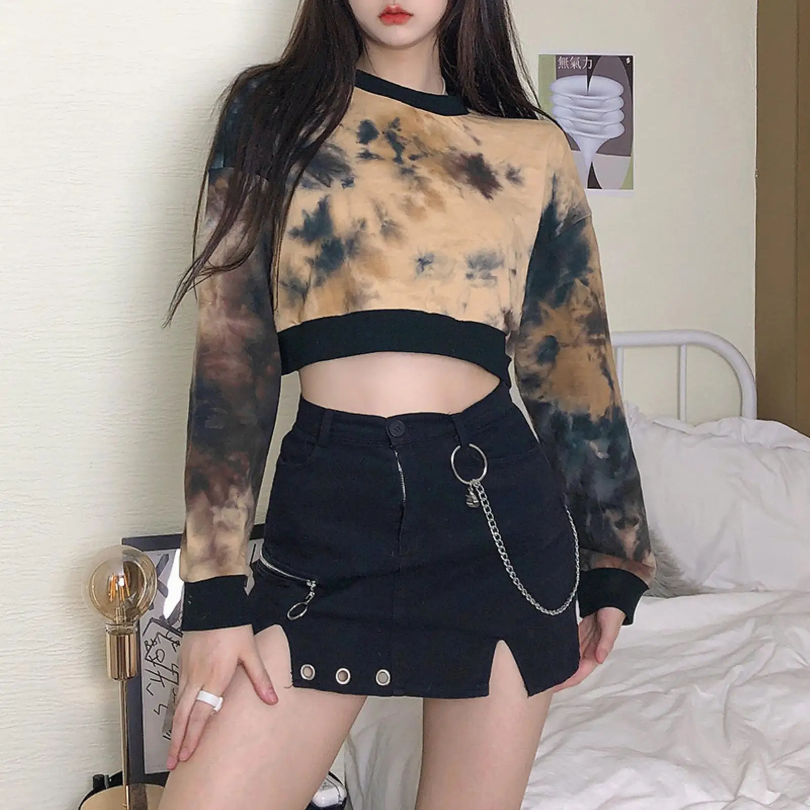 

2020 Hoodie Women Autumn Sexy Long Sleeve O Neck Sweatshirt Blouse Tie Dye Crop Top Hoodie Top Autumn