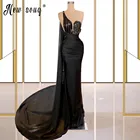 Арабское черное платье с бусинами и жемчугом, вечернее платье-русалка, плиссированное официальное платье Дубая на одно плечо, женские свадебные платья
