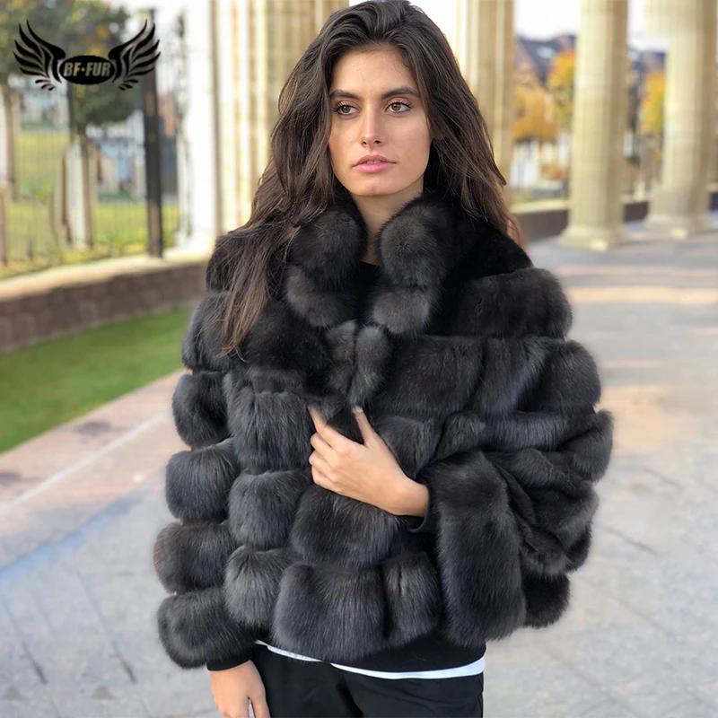

BFFUR 2021 Real Fur Coat Lapel Collar Fox Fur Jacket Women Full Pelt Warm Luxury Fox Fur Coats Female Winter Outerwear Fashion