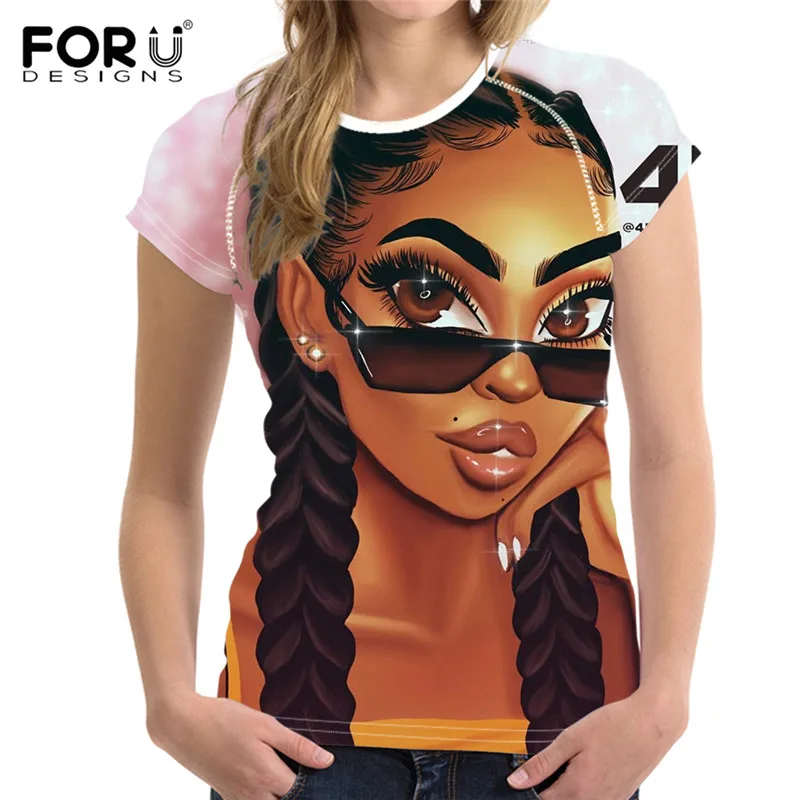 

FORUDESIGNS Black Girl Art Print Female T-shirt African Girls Magic Rock Summer Cotton Black T shirt Streetwear Aesthetic Tops