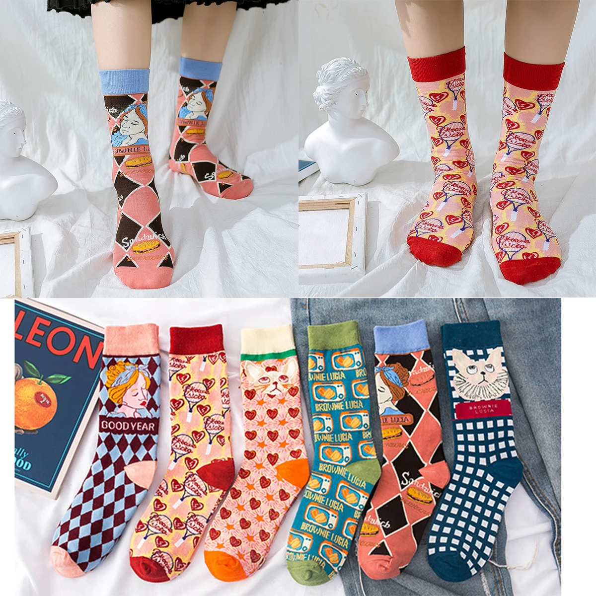 

1 Pair of Autumn and Winter New Personality Female Cotton Tube Stitching Cute Cat Fashion Plaid Love Thick Red Christmas Socks