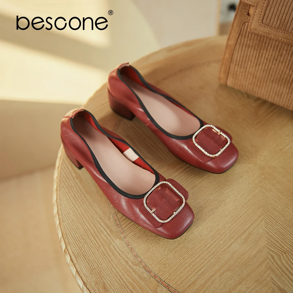 

BESCONE Stylish Genuine Leather Heels Women Shoes Pumps Metal Decoration Dressing Soft Spring Autumn Square Toe Slip-on UM164