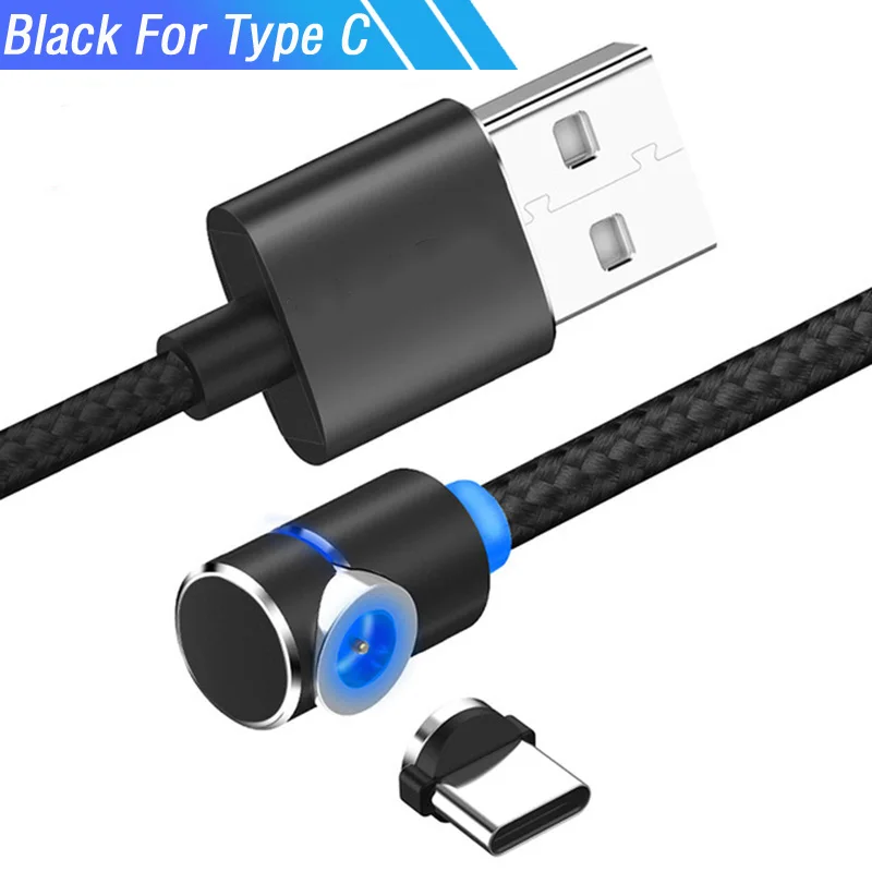 Black For Type C 1 м 90 градусов usb Магнитный зарядный телефонный кабель для iphone type C 3 в 1 нейлоновый плетеный шнур 360 зарядное устройство со светодиодным светильник - Цвет: Black For Type C