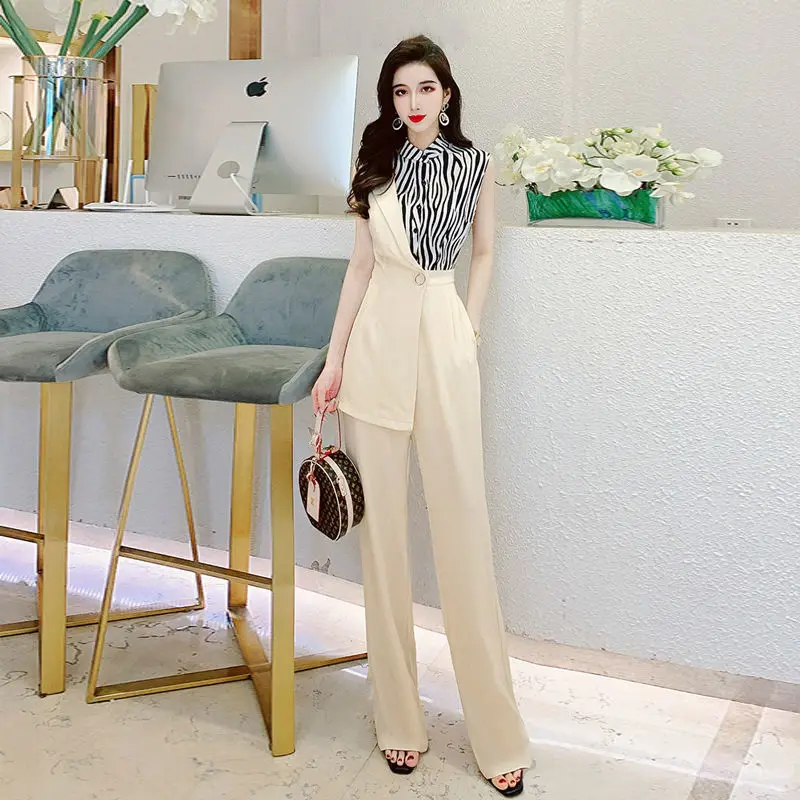 

2021 New Summer Women's Jumpsuits Fashion Patchwork Long Rompers Elegant Ladies Blazer Striped Playsuits Sleeveless Jumpsuits