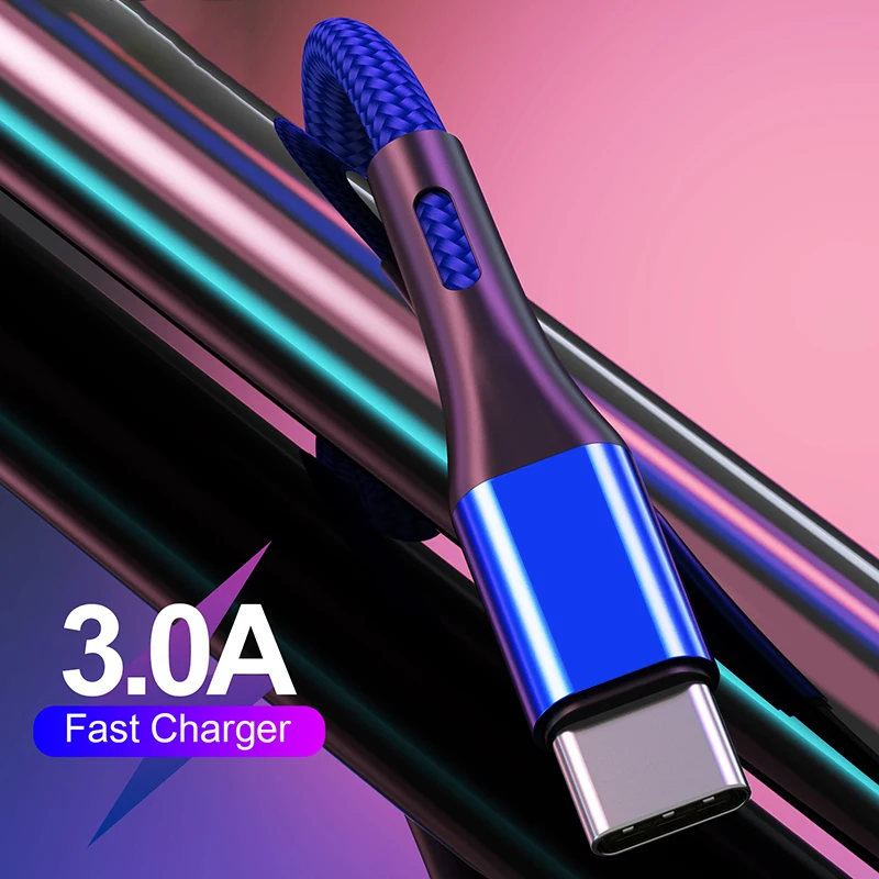 3A USB Type C Cable For Samsung S10 S9 Note 10 Huawei P30 Pro Fast Charge Type-C Mobile Phone Tablet Charging Wire USB C Cable