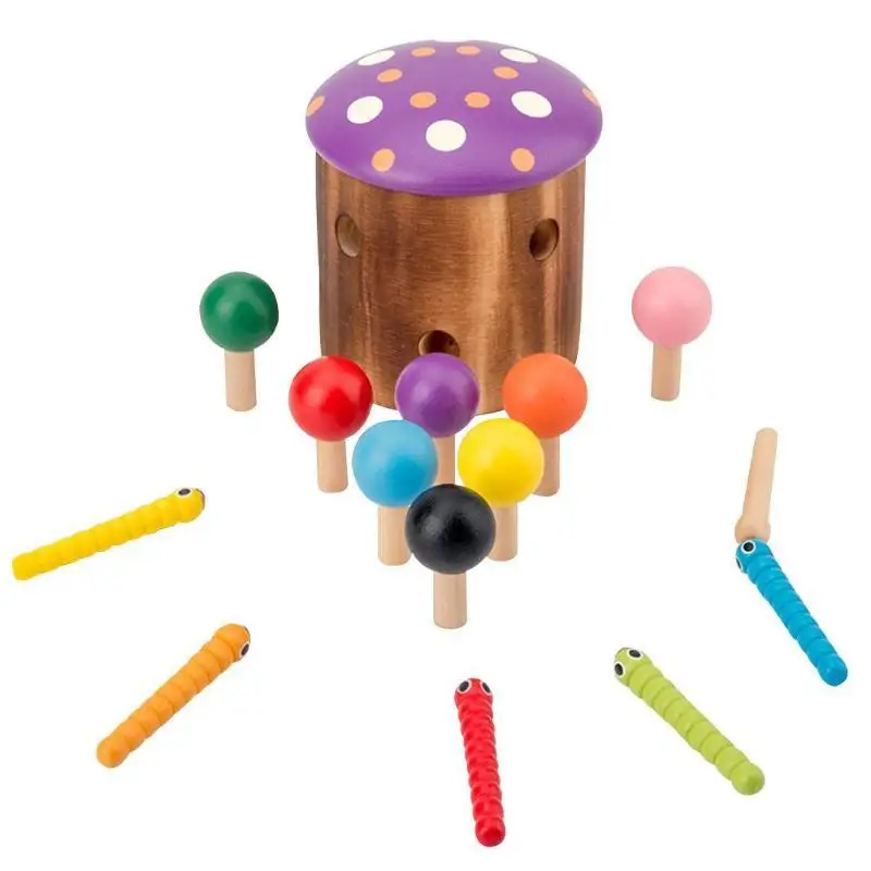 Обучающие деревянные магнитные грибы Монтессори насекомые поймать червя игра