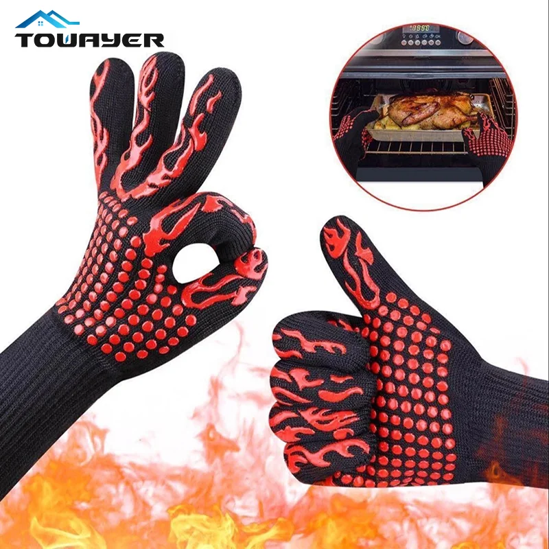 

2 Pcs BBQ Gloves High Temperature Resistance Oven Mitts 500 800 Degrees Fireproof Barbecue Heat Insulation Microwave Gloves