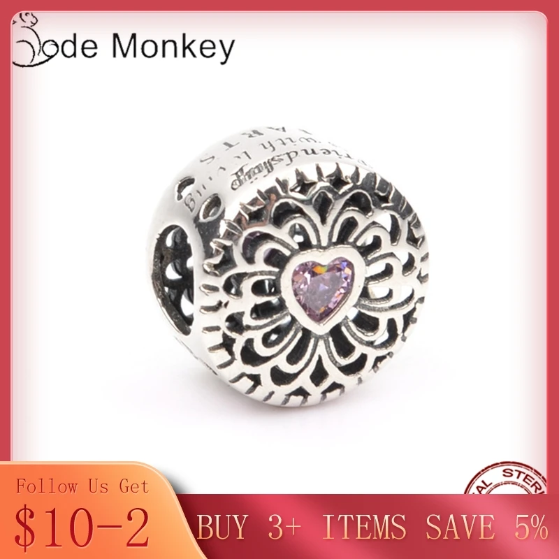 CODEDOG подлинное 925 пробы Серебряная любовь и дружба бусины с розовым Циркон в форме