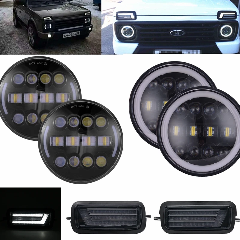 2xLada Niva Urban Bronto 7 дюймов светодиодные фары Hi/Low H4 Angle Eyes DRL для Jeep Wrangler внедорожник 4x4