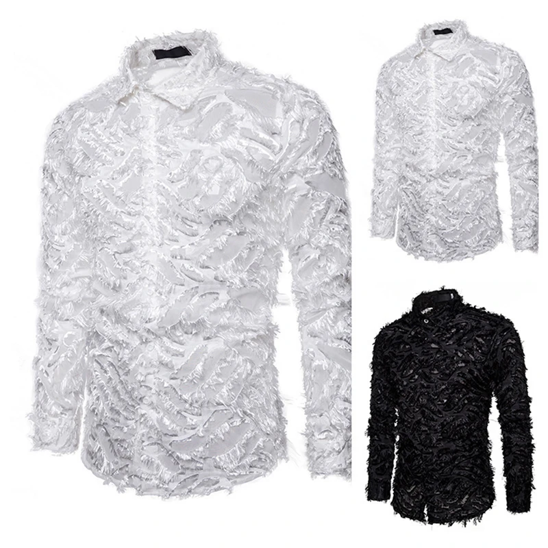 

Sexy Faux Feather Lace Shirt Men Black See Through Clubwear Dress Shirts Mens Event Party Clear Shirts