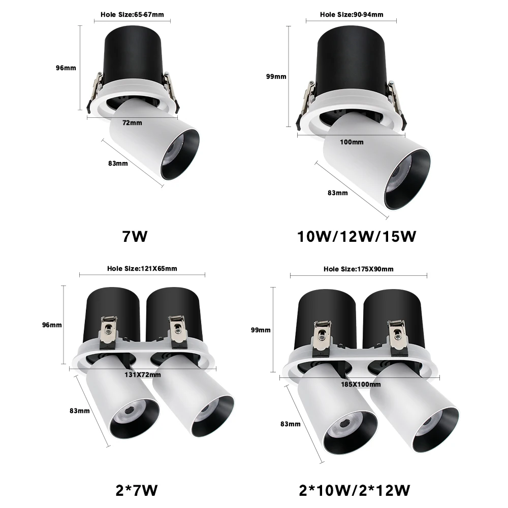 DBF-luz descendente de techo elástica, 7W, 10W, 12W, negro/blanco, rotación de 360 grados, foco de techo de 3000K/4000K/6000K