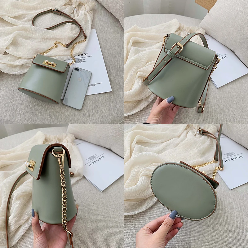 Новое ведро Маленькая женская кожаная сумка жемчужный замок 2019 цепь через плечо