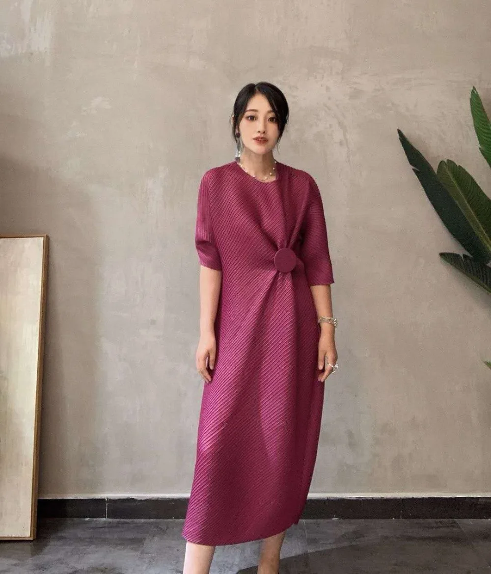Miyake модное платье на запястье с коротким рукавом, с блестками, с круглым вырезом, со складками, на пуговицах, прямое платье