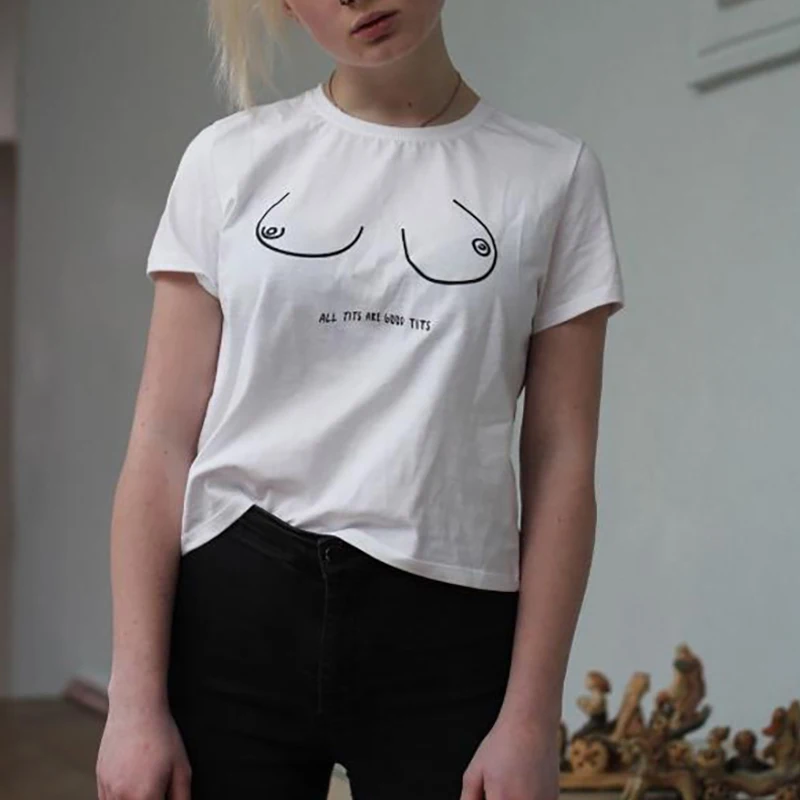 Все большие сиськи хорошие Футболка с рисунком в виде букв и линии груди