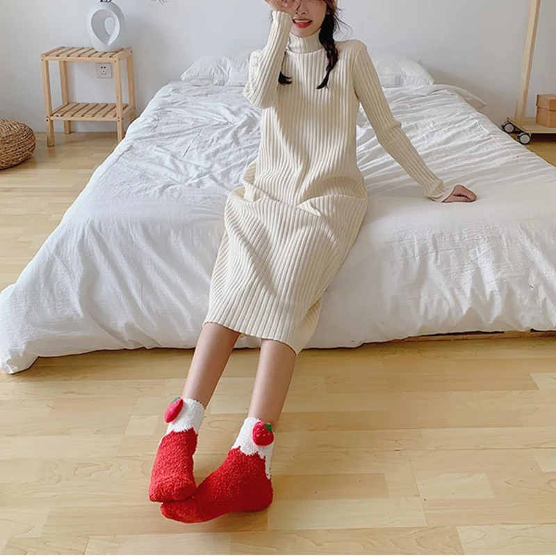 

6 Pairs Women Winter Fuzzy Plush Crew Slipper Socks Cartoon Fruit Warm Hosiery X5XD