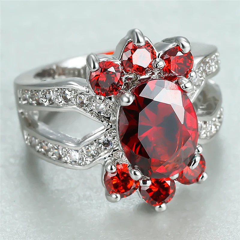 

Charm Female Red Crystal Stone Ring Luxury Big Silver Color Engagement Ring Cute Bridal Oval Zircon Wedding Rings For Women