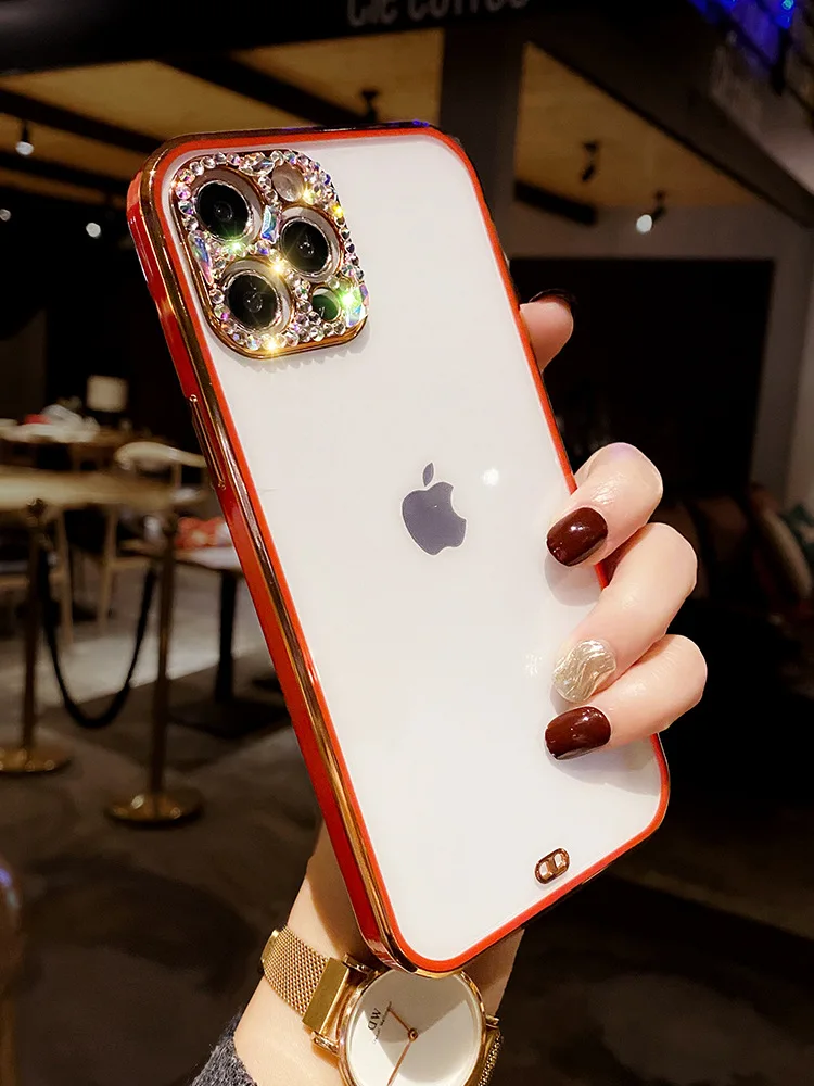 

Suitable for electroplating Apple 12promax mobile phone case new thin and transparent iPhone11 luxury rhinestone lens 7/8