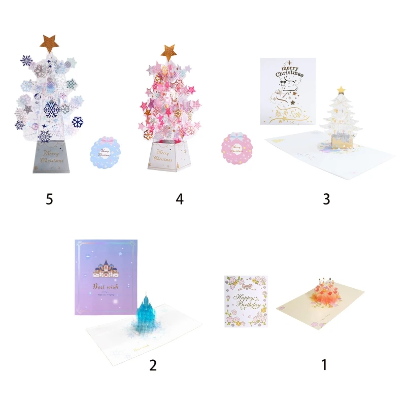 

3D Pop-up Christmas Tree Castle Greeting Cards Happy Birthday Postcards Invitations with Envelope