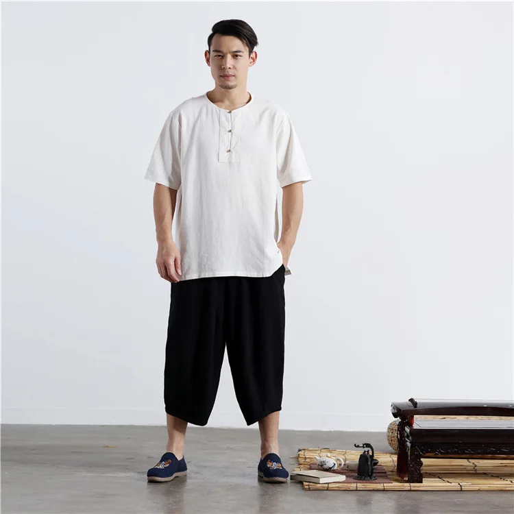 

19 summer men's wear Chinese cotton hemp short sleeve casual men's top loose large size simple breathable round neck men's