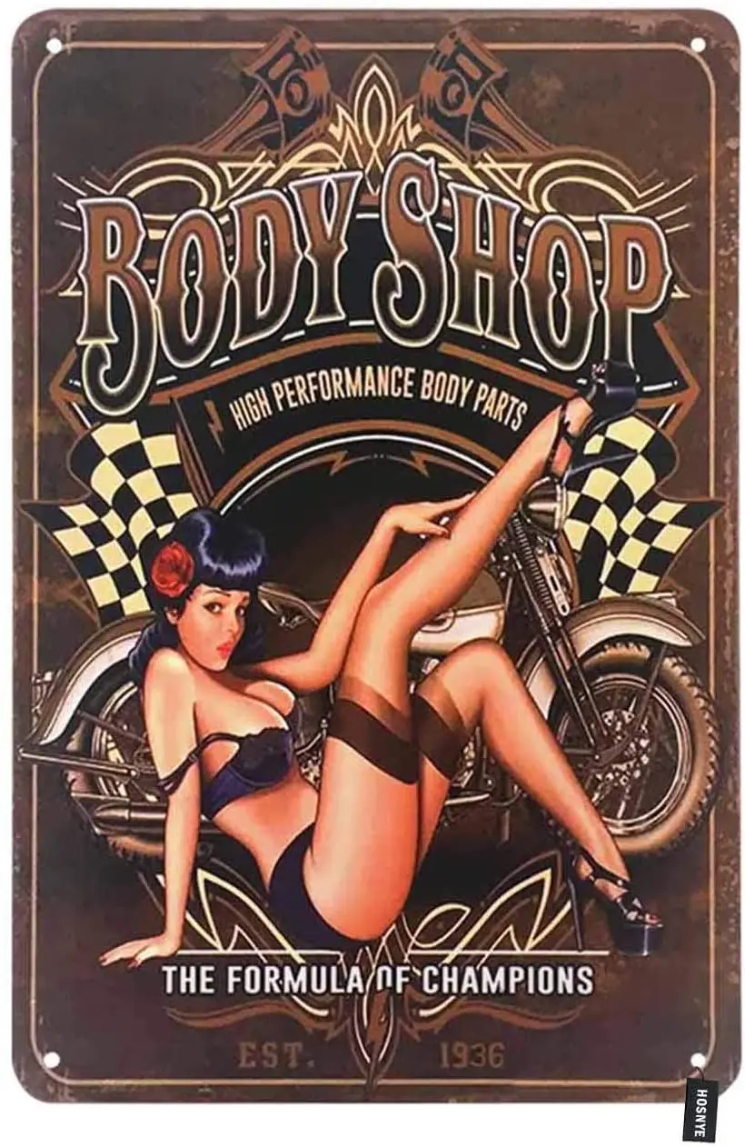 

HOSNYE Body Shop Pin Up Girl Tin Sign Sexy Women with Motor Bike Brown Backdrop Vintage Metal Tin Signs