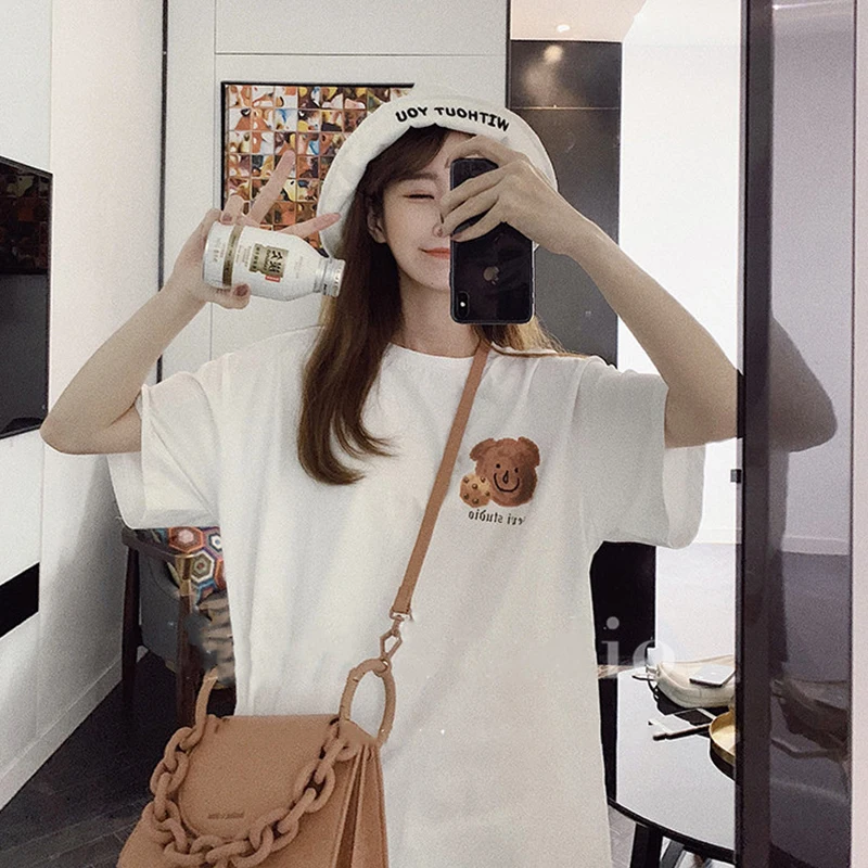 

Short-Sleeved Women's T-Shirt Loose O-Neck Mid-Length Top Summer Korean Little Bear Printing All-Match Fashion Clothing Female