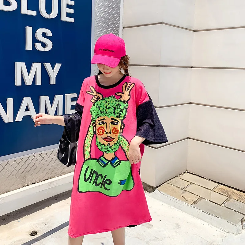 

Women Cartoon Print Patchwork Dress Fashion Ladies Casual Loose Top Tees Shirt Dresses Female Tunic Vestidos robes