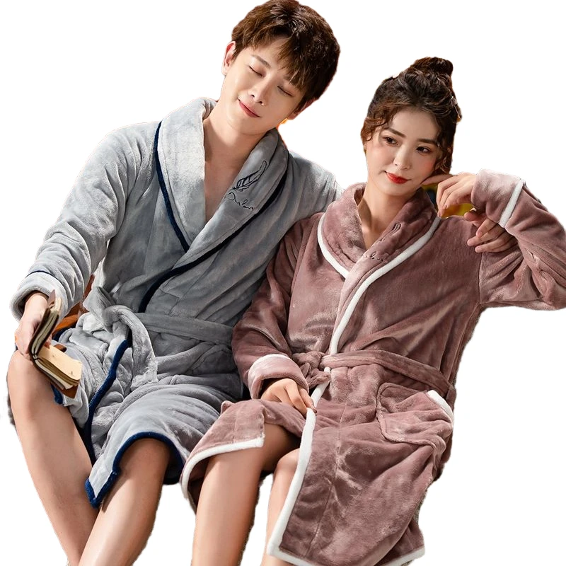

Lovers Flannel Nightwear Winter New Sleepwear Kimono Robe Loose Homewear Bathrobe Gown Plus Size Coral Fleece Nightgown 3XL