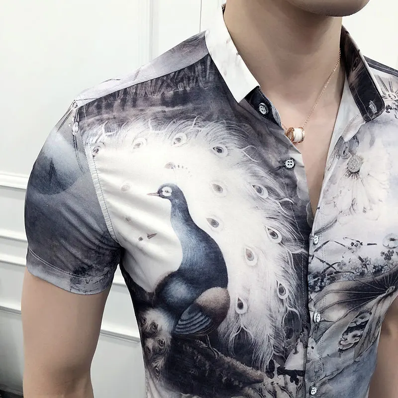 

Men Baroque Shirts 2020 Summer Mens Short Sleeve Casual Slim Fit Dress Shirts Peacock Shirt Streetwear Club Social Tuxedo Shirts