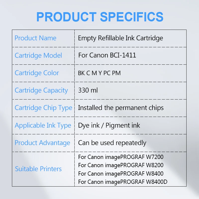 BCI 1411 перезаправляемый картридж с постоянным чип для Canon imagePROGRAF W7200 W8200 W8400 W8400D