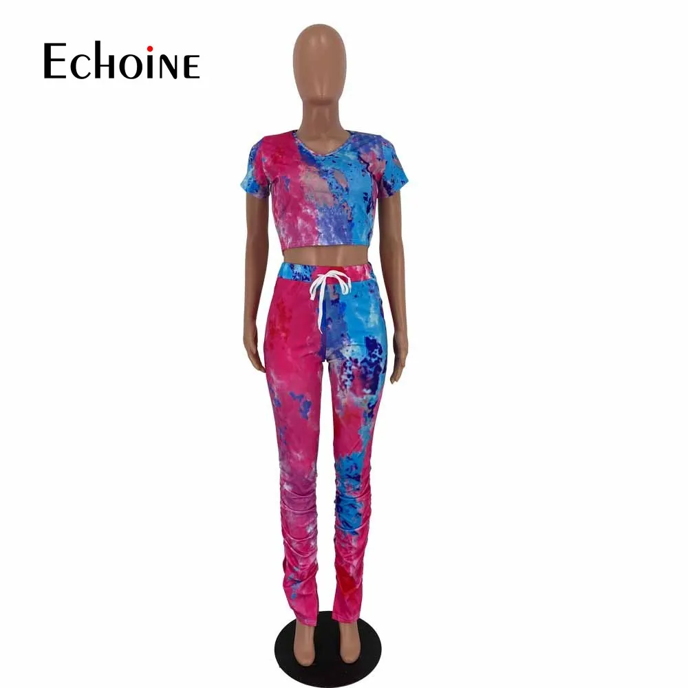

Echoine Tie-Dye Printing Tracksuit Women 2 Pieces Set Casual Top High Waist Leggings Pants Matching Set Bell Bottoms outfit