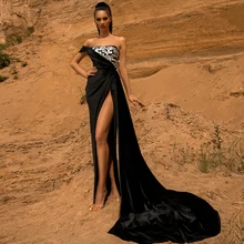 Boêmio preto sem alças vestido de noite veludo assimétrico lantejoulas fora do ombro alta fenda veludo vestidos de baile robe de soiree (1)