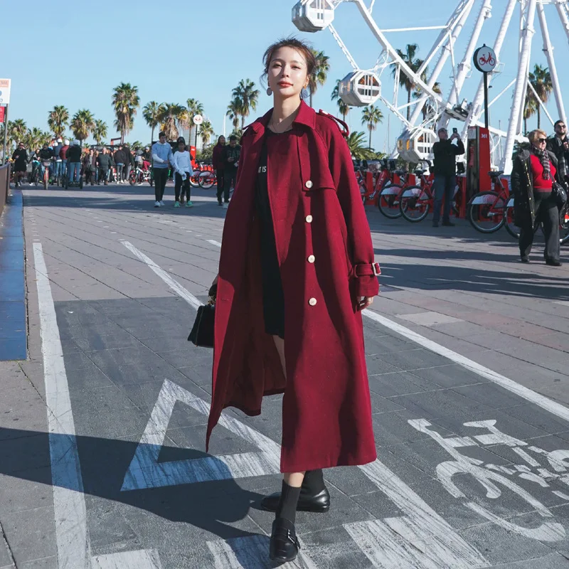 

Brand Famous New Coming Ladies Autumn Windbreaker Loose Double-breasted Foreign Wine Red Long Lace up Trench Coat Female