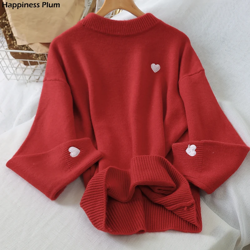 

Embroidery Heart sweater women Solid Pullovers O-Neck Knitted winter clothes women harajuku shirt oversized sweater korean top