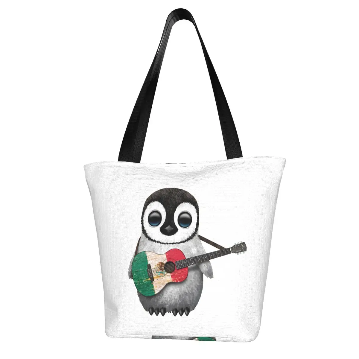 Baby Penguin Playing Mexican Flag Guitar Shopping Bag Aesthetic Cloth Outdoor Handbag Female Fashion Bags