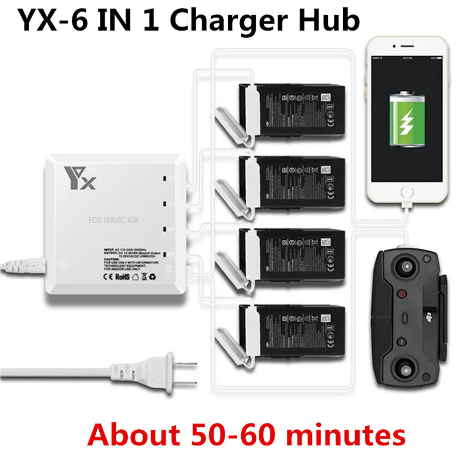 

6 in 1 Multi Charger for DJI Mavic Air Drone Battery Charging Hub Intelligent Smart Battery Charger with USB Port for Controller