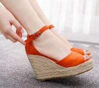 women 2020 new womens straw wedges with fishmouth sandals platform platform sponge cake with single button roman shoes