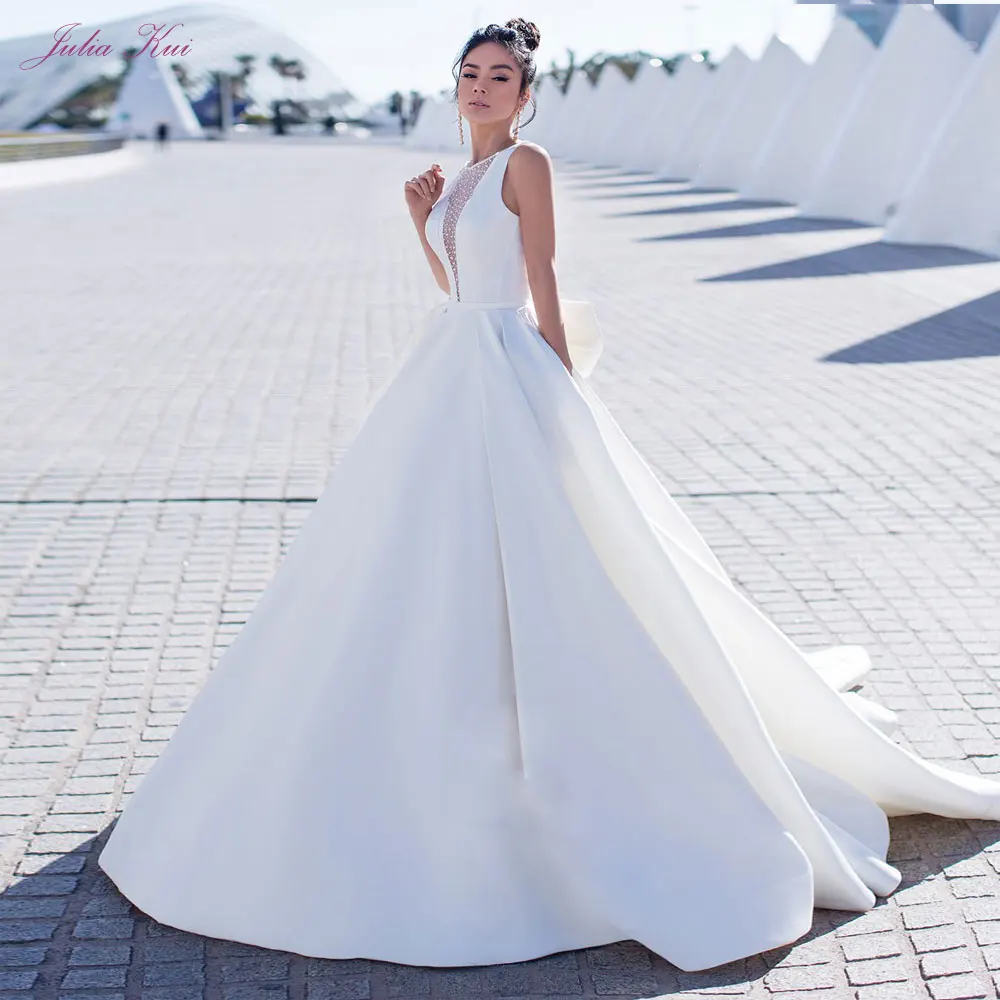 

Julia Kui Illusion Deep V Neckline Of A Line Wedding Dresses High Quality Satin Wedding Gown
