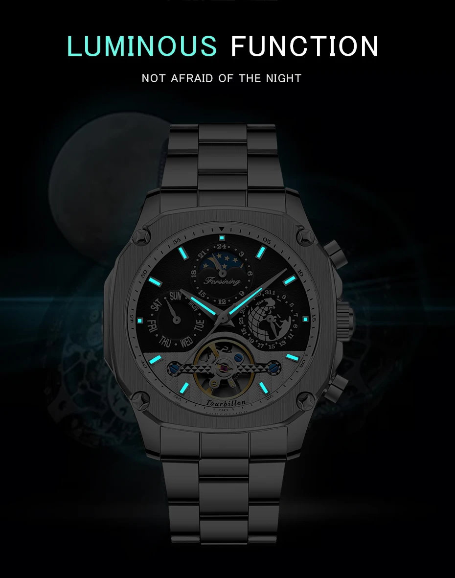FORINING мужские часы автоматические механические часы Moon phase Tourbillon часы для мужчин s Скелет Мужские часы Relogio Masculino подарки
