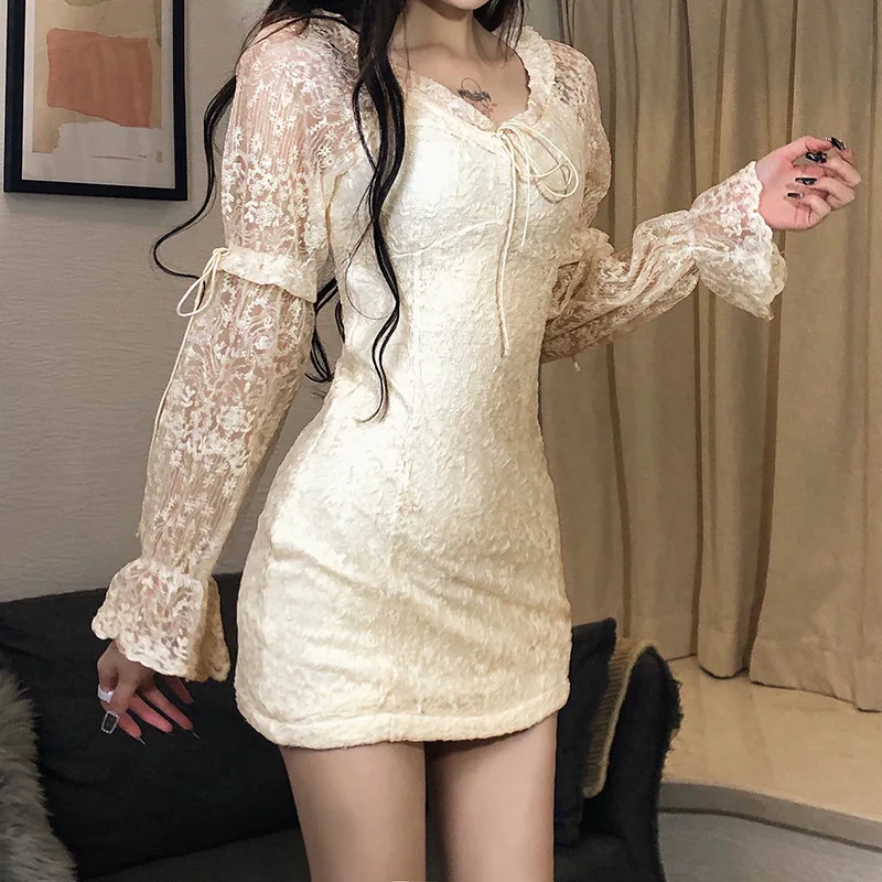 

Mozision Mesh Lace Puff Sleeve Dress For Women V Neck Slim Bodycon Dresses Ladies 2021 New High Waist Pullover Dress Vestidos