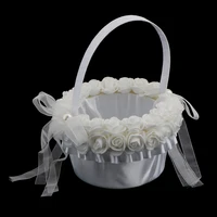 elegant satin wedding romantic ceremony party flower girl basket with rose lace ribbons decoration white