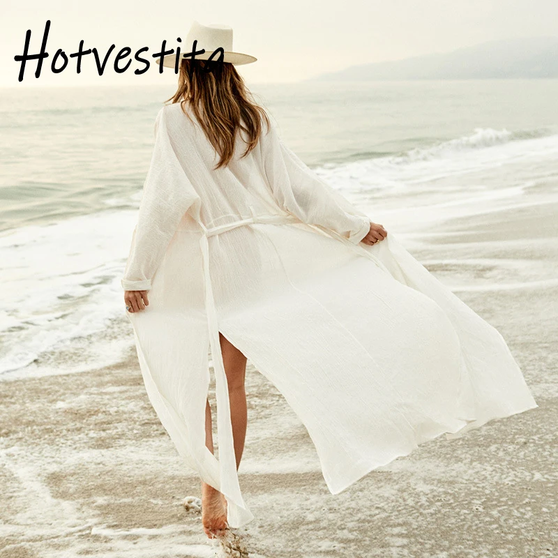 

Hotvestita Beach Coverup Women Wrinkled Cloth Loose Swimwear Girdle Bandage Robes Sunscreen Solid Elegant Bikini Sarong Cardigan
