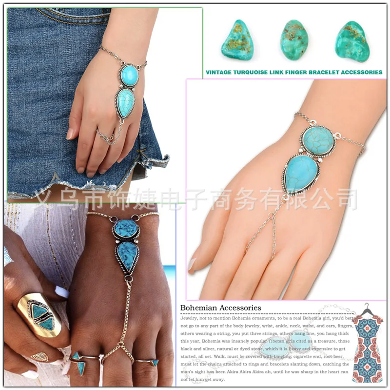 

Bohemian national style summer beach water drop Turquoise finger bracelet bracelet. One piece accessories for women
