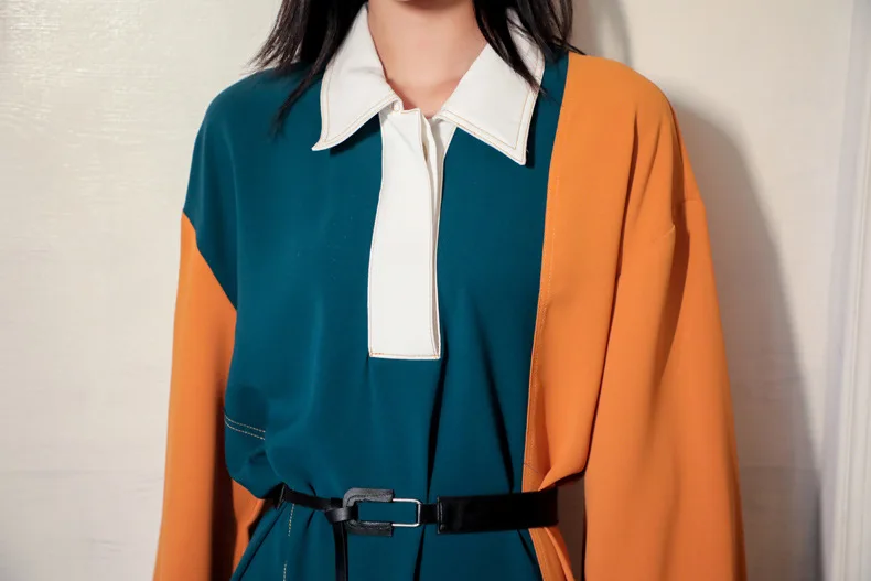 

2019 Autumn Winter new Patchwork Colors Medium Long Dress Casual Loose Trendy Dress