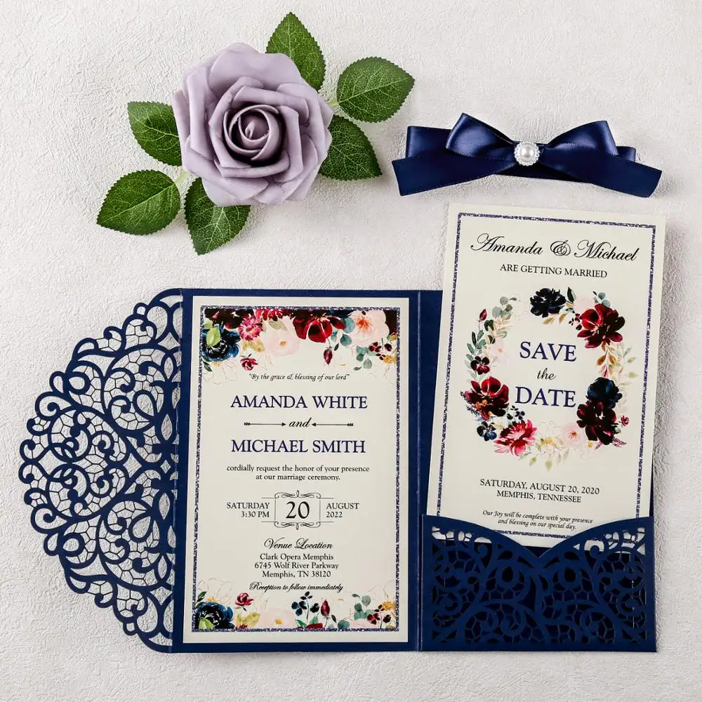 

100pcs Blue Wedding Invitations Laser Cut Hollow Invitations Pockets with Ribbon, Envelope for Wedding, Quinceanera, Party