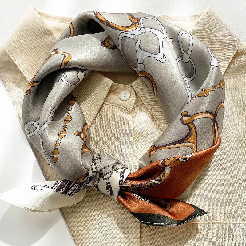 

Designer Chain Print 100% Natual Silk Square Scarf Women Shawl Hijab Headband Neckerchief Female Hairband Poncho Bandana 2022