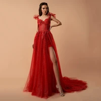 uzn dark red dots net prom dress princess high slit floral appliques evening dress sweetheart adjustable straps party dresses