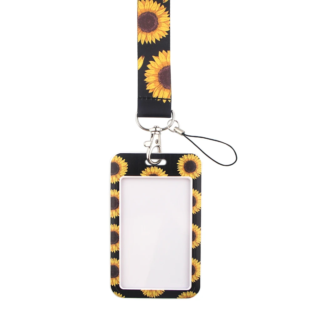 LT370 Black Sunflower Print Keychain Ribbon Lanyards for Keys ID Card Phone Straps Hanging Rope Lariat Students Badge Holder | Украшения и