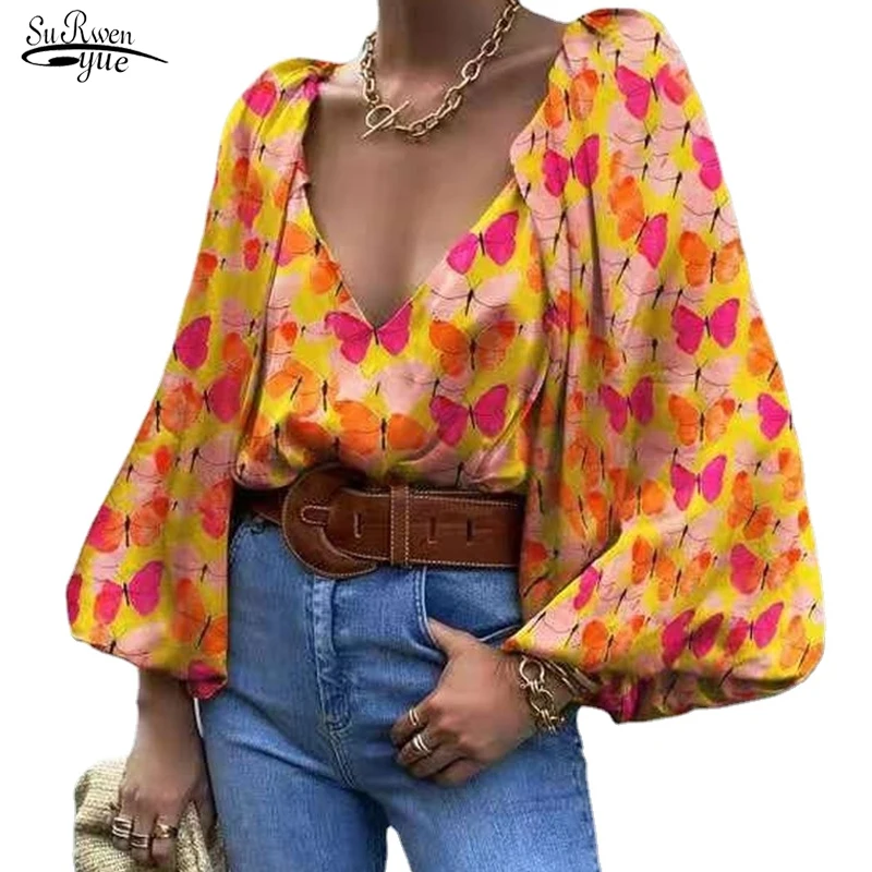 

Autumn Streetwear Orange Blouse Pullover Chiffon Shirt Women V-neck Print Floral Lantern Sleeve Shirt Blouse Women Blusa 18149