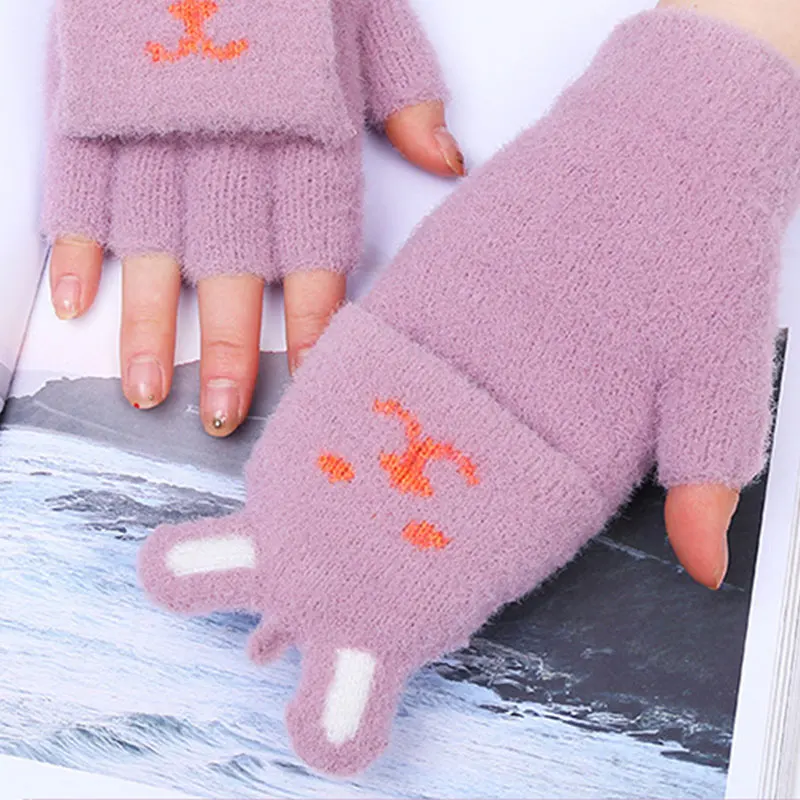 Зимние теплые мягкие вязаные варежки из кроличьего меха женские флип полупальцы